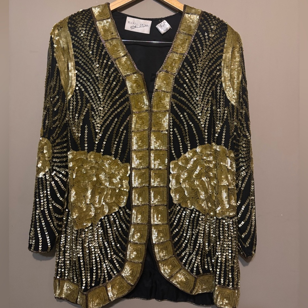 MICHAEL ANTONIO Vintage Silk Disco Glam Gold & Black Sequin Beaded Top